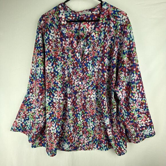 Notations Tops - Notations Blouse Women's 3X Split Button Neck Pleated Roll Tab Sleeve‎ Peasant